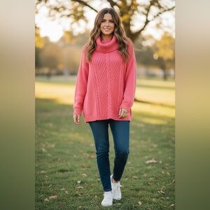 Talbots Pink Cable Knit Sweater Petite LP Cotton Turtleneck